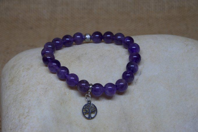 Bracelet Améthyste 8mm arbre de vie inox  10mm