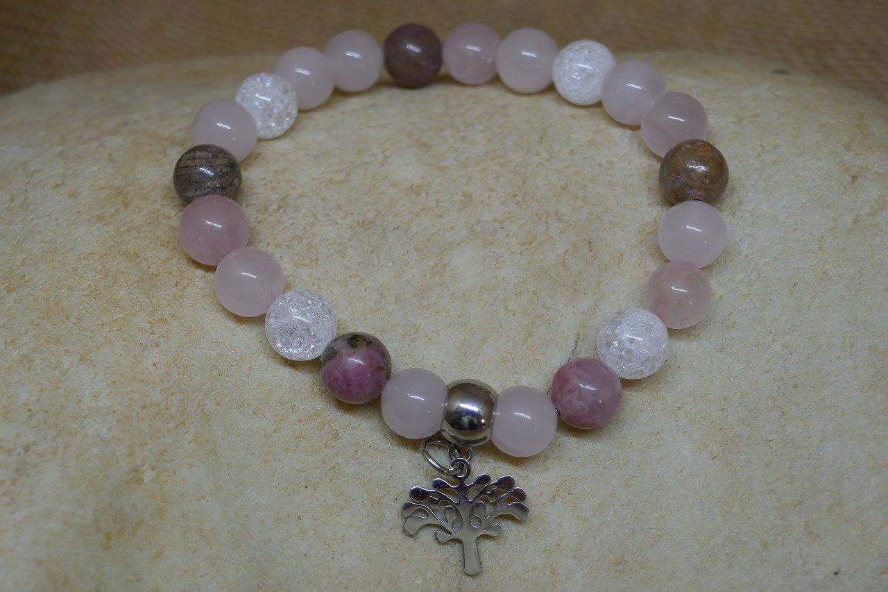 Bracelet Rhodonite, Quartz rose, Cristal de roche 8mm  arbre de vie inox
