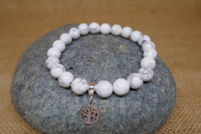 Bracelet Howlite 8mm arbre de vie inox en 10mm