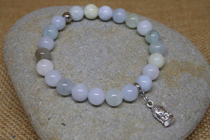 Bracelet Aigue Marine 8mm breloque bouddha inox