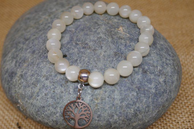 Bracelet Pierre de Lune 8mm arbre de vie inox 15mm