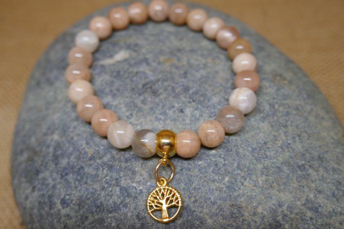 Bracelet Pierre de soleil 8mm arbre de vie doré 10mm