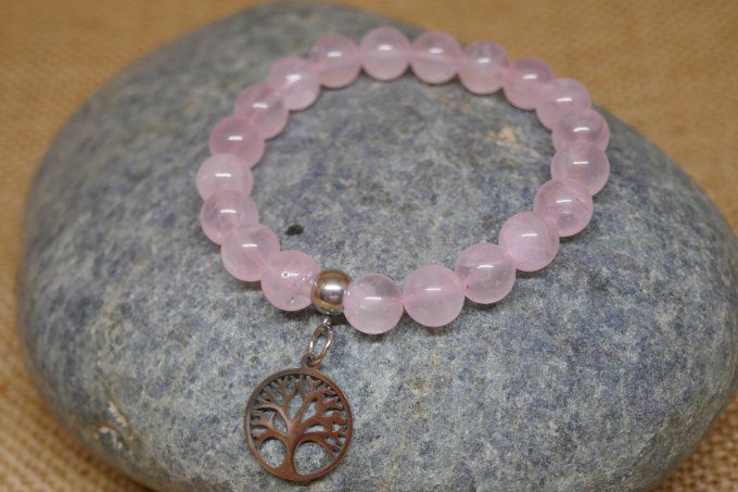 Bracelet quartz rose 8mm arbre de vie inox 15mm